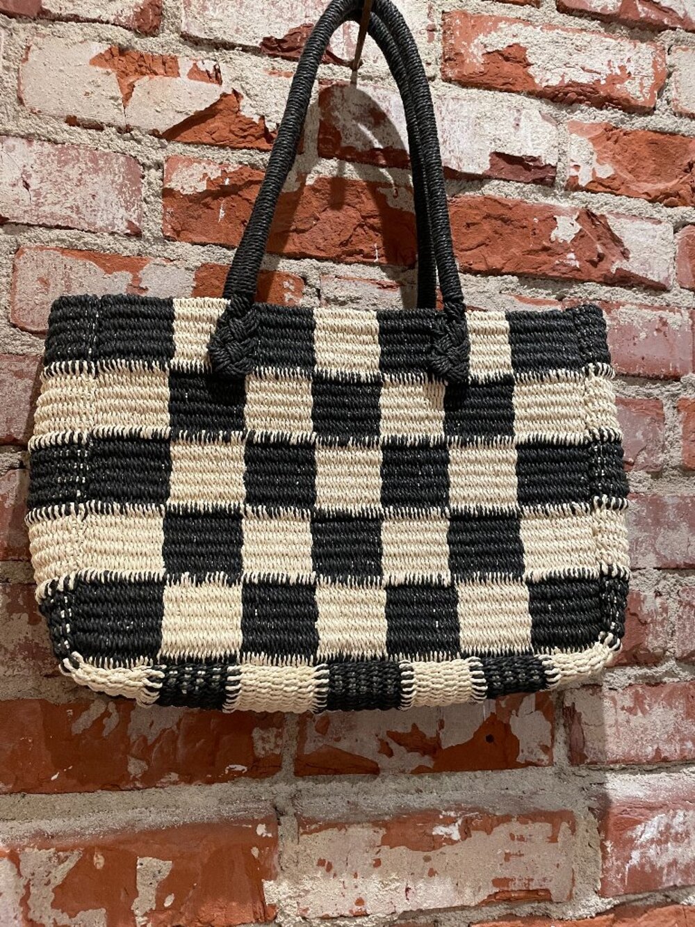 J CREW Black and Cream Straw Tote